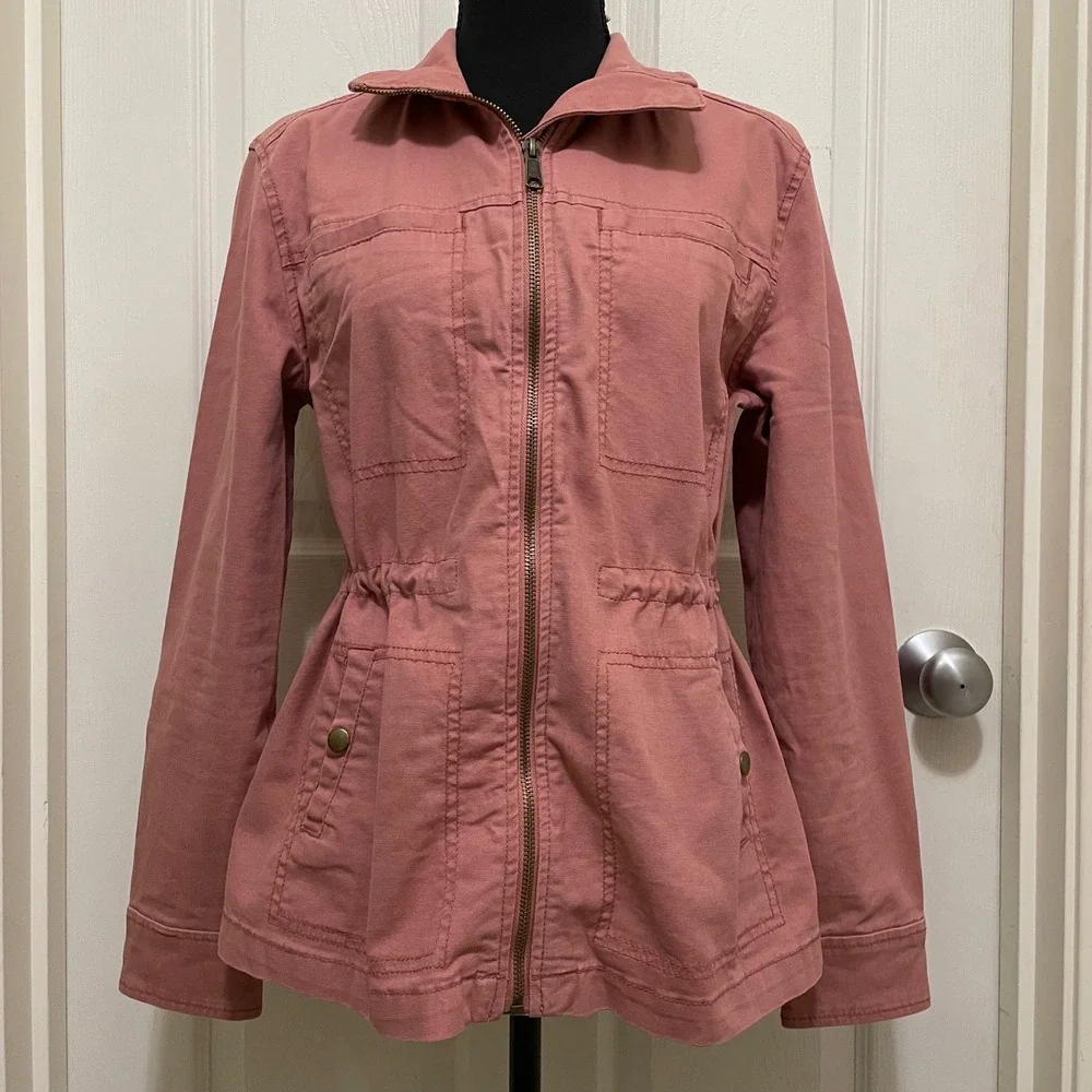 Old Navy Canvas Utility Jacket Pink Mauve Full Zip Drawstring‎ Waist Cinched XS